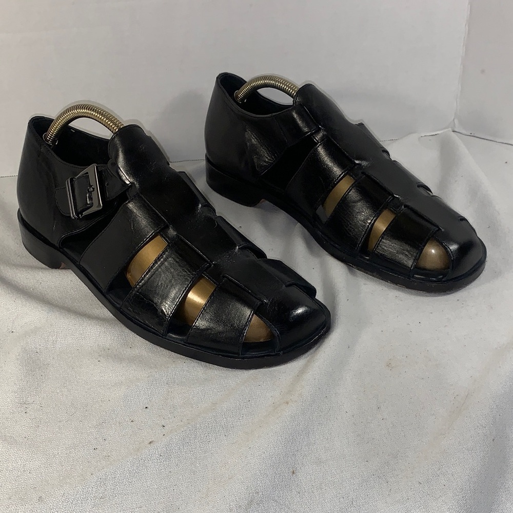 Johnston & Murphy Black Leather Fisherman Sandals with Gold Accents